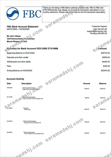 Zimbabwe FBC Bank account statement Word and PDF template